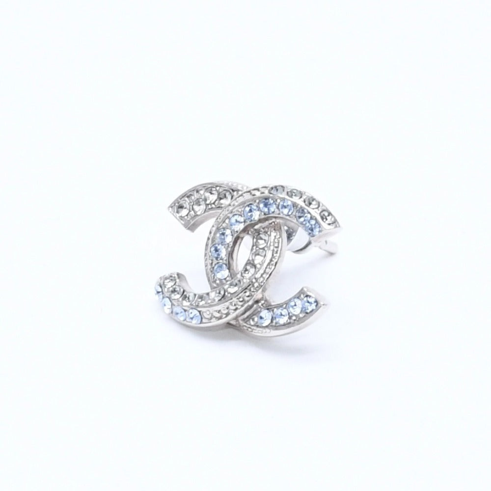 極美品 CHANEL シャネル ココマーク スタッドピアス 重量約2.42g 13P刻印 メタル ラインストーン シルバー ブルー 両耳用 中古 4a007099