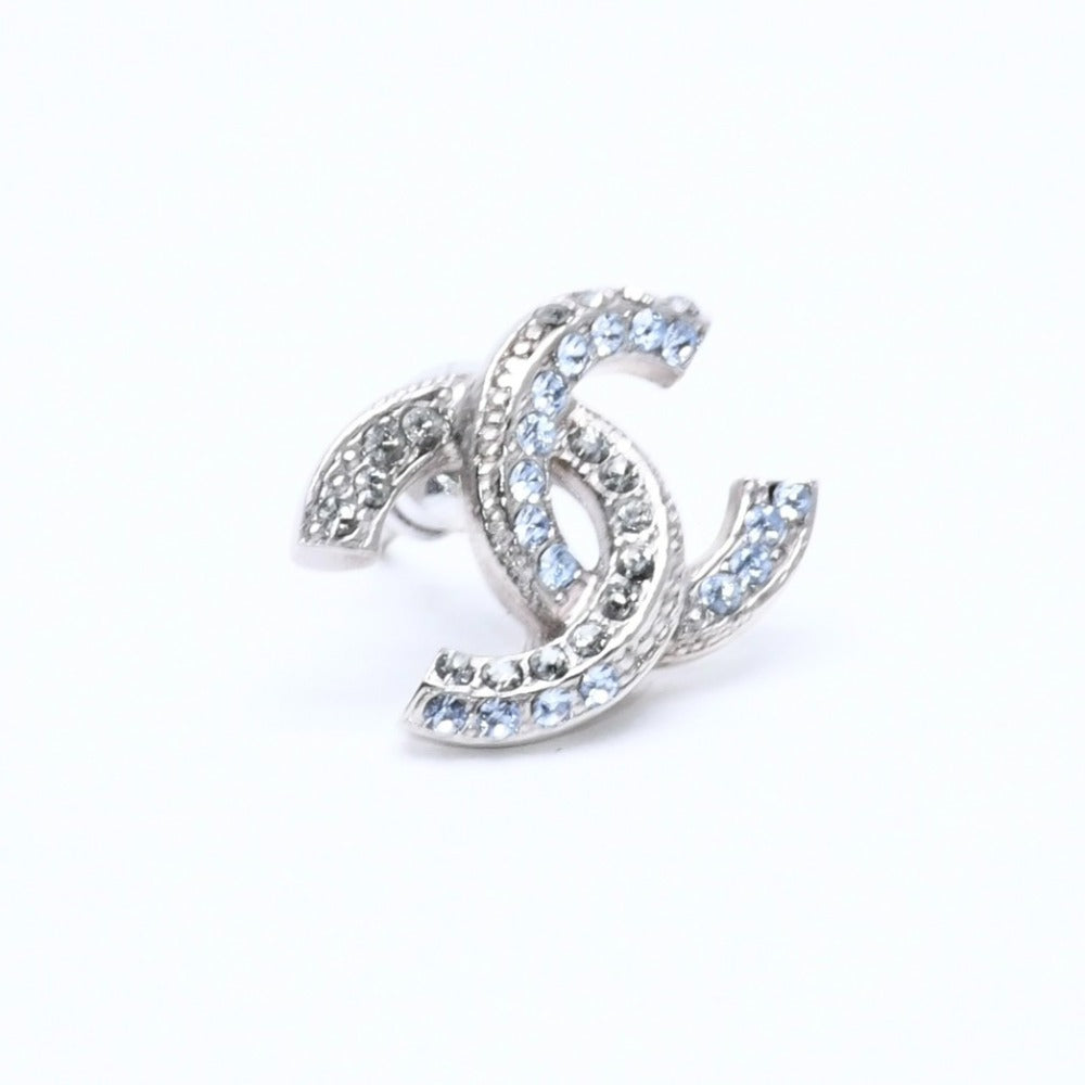 極美品 CHANEL シャネル ココマーク スタッドピアス 重量約2.42g 13P刻印 メタル ラインストーン シルバー ブルー 両耳用 中古 4a007099