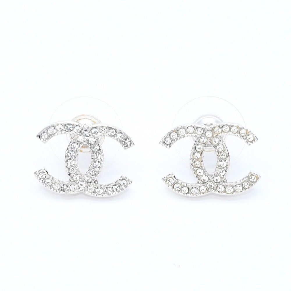 極美品 CHANEL シャネル ココマーク スタッドピアス 重量約2.67g 10A刻印 メタル ラインストーン シルバー 両耳用 中古 4a007091