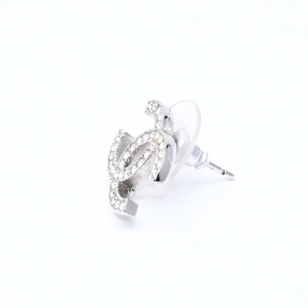 Very Good Condition CHANEL Coco Mark Stud Earrings Weight Approximately 2.67g 10A Engraved Metal Rhinestone Silver For Both Ears Used 4a007091