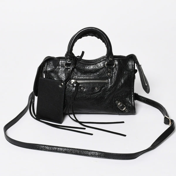 極美品 BALENCIAGA バレンシアガ Le City Mini ル・シティ ミニ 2WAY ハンドバッグ ショルダーバッグ 505555 ブラック シルバー金具 中古 4a008278