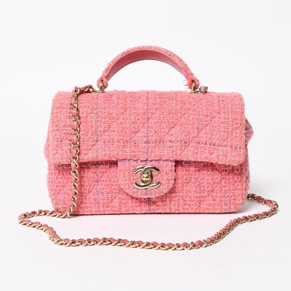 新品同様 CHANEL シャネル チェーンショルダーバッグ ランダム番台 ココマーク ツイード マトラッセ ピンク ゴールド金具 中古 4a008243