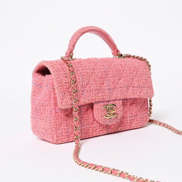 新品同様 CHANEL シャネル チェーンショルダーバッグ ランダム番台 ココマーク ツイード マトラッセ ピンク ゴールド金具 中古 4a008243