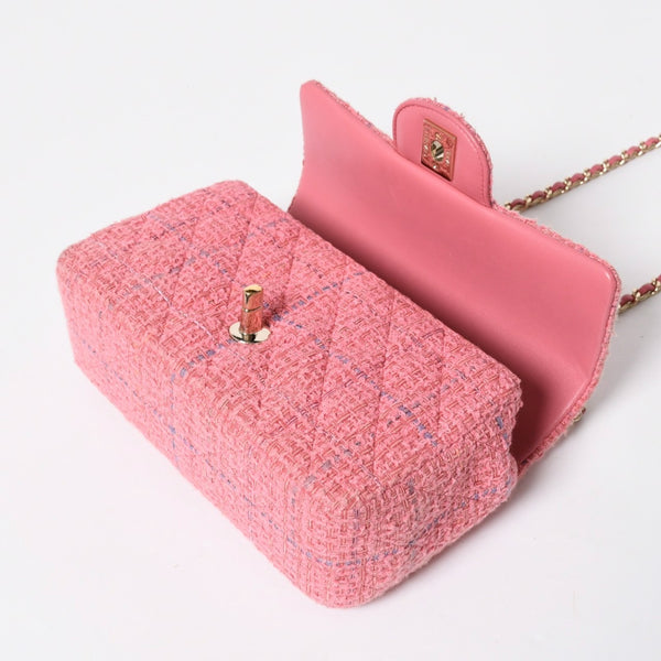 新品同様 CHANEL シャネル チェーンショルダーバッグ ランダム番台 ココマーク ツイード マトラッセ ピンク ゴールド金具 中古 4a008243