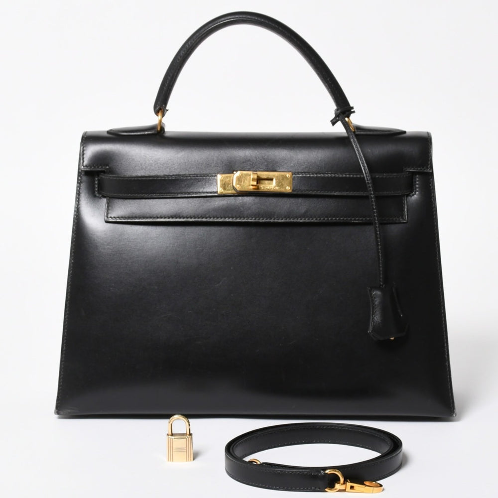 HERMES エルメス ケリー32 外縫い ブラック ⚪︎V刻印 ボックスカーフ ゴールド金具 ハンドバッグ 2WAY 美品 中古 4a008216