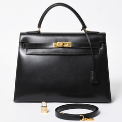 HERMES エルメス ケリー32 外縫い ブラック ⚪︎V刻印 ボックスカーフ ゴールド金具 ハンドバッグ 2WAY 美品 中古 4a008216