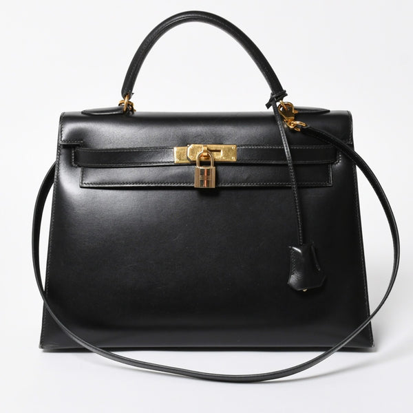 HERMES エルメス ケリー32 外縫い ブラック ⚪︎V刻印 ボックスカーフ ゴールド金具 ハンドバッグ 2WAY 美品 中古 4a008216