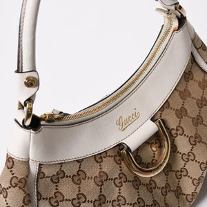 極美品 GUCCI グッチ ワンショルダーバッグ ハンドバッグ アビー 190525 001013 GGキャンバス レザー ホワイト ベージュ ゴールド金具 中古 4a008274