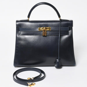 HERMES エルメス ケリー32 外縫い ネイビー ○X刻印 カーフスキン ゴールド金具 ハンドバッグ 2WAY 美品 中古4a008252