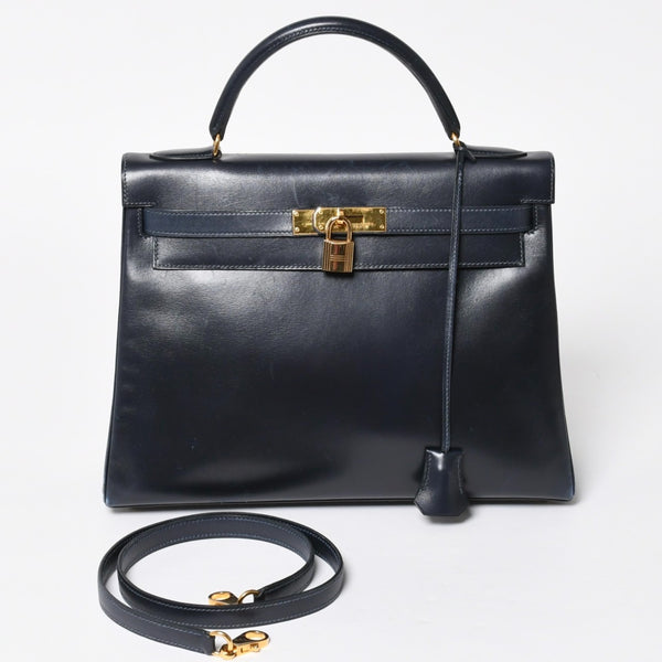 HERMES エルメス ケリー32 外縫い ネイビー ○X刻印 カーフスキン ゴールド金具 ハンドバッグ 2WAY 美品 中古4a008252