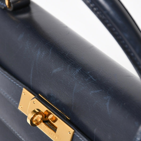 HERMES エルメス ケリー32 外縫い ネイビー ○X刻印 カーフスキン ゴールド金具 ハンドバッグ 2WAY 美品 中古4a008252