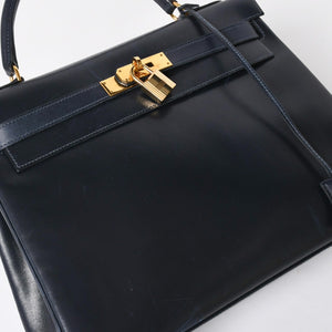 HERMES エルメス ケリー32 外縫い ネイビー ○X刻印 カーフスキン ゴールド金具 ハンドバッグ 2WAY 美品 中古4a008252