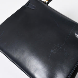 HERMES エルメス ケリー32 外縫い ネイビー ○X刻印 カーフスキン ゴールド金具 ハンドバッグ 2WAY 美品 中古4a008252