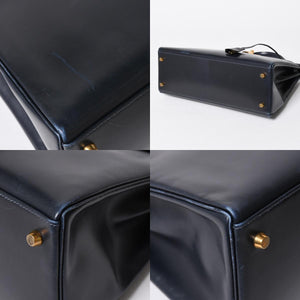 HERMES エルメス ケリー32 外縫い ネイビー ○X刻印 カーフスキン ゴールド金具 ハンドバッグ 2WAY 美品 中古4a008252