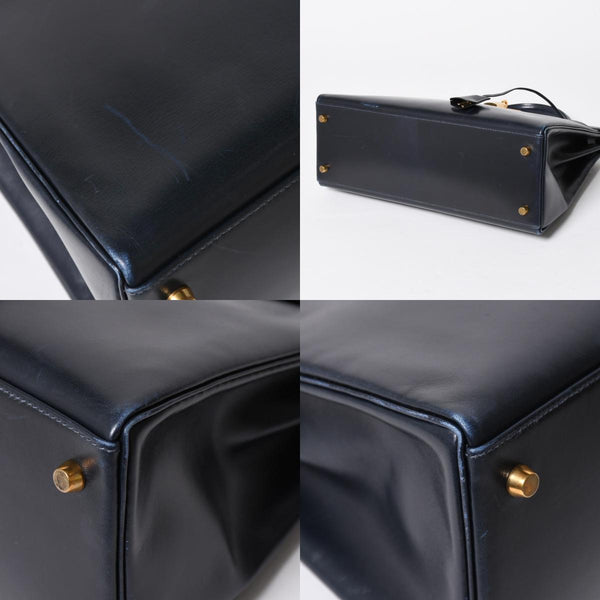 HERMES エルメス ケリー32 外縫い ネイビー ○X刻印 カーフスキン ゴールド金具 ハンドバッグ 2WAY 美品 中古4a008252