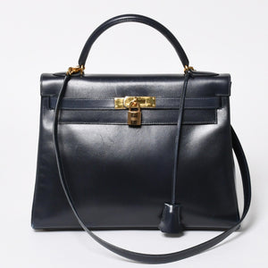 HERMES エルメス ケリー32 外縫い ネイビー ○X刻印 カーフスキン ゴールド金具 ハンドバッグ 2WAY 美品 中古4a008252