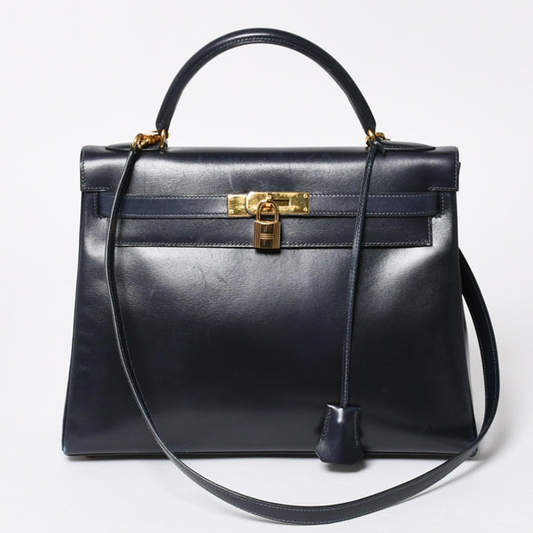 HERMES エルメス ケリー32 外縫い ネイビー ○X刻印 カーフスキン ゴールド金具 ハンドバッグ 2WAY 美品 中古4a008252