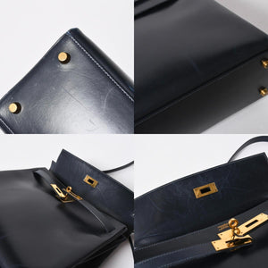 HERMES エルメス ケリー32 外縫い ネイビー ○X刻印 カーフスキン ゴールド金具 ハンドバッグ 2WAY 美品 中古4a008252