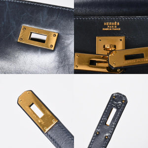 HERMES エルメス ケリー32 外縫い ネイビー ○X刻印 カーフスキン ゴールド金具 ハンドバッグ 2WAY 美品 中古4a008252