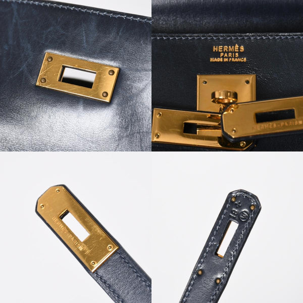 HERMES エルメス ケリー32 外縫い ネイビー ○X刻印 カーフスキン ゴールド金具 ハンドバッグ 2WAY 美品 中古4a008252