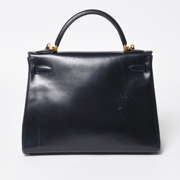HERMES エルメス ケリー32 外縫い ネイビー ○X刻印 カーフスキン ゴールド金具 ハンドバッグ 2WAY 美品 中古4a008252