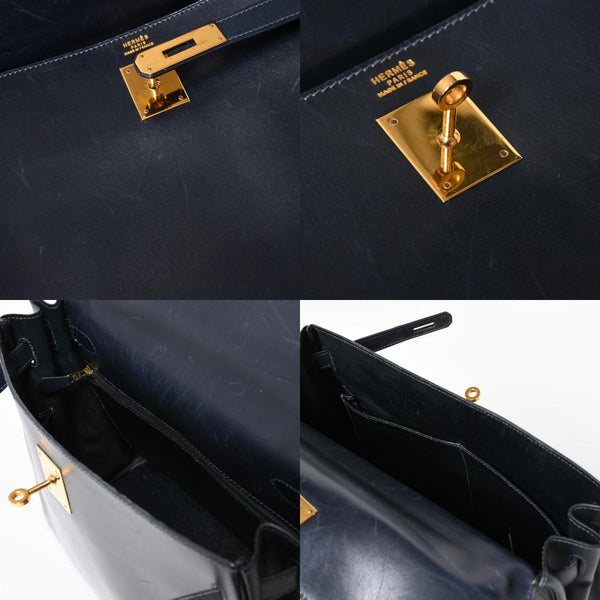 HERMES エルメス ケリー32 外縫い ネイビー ○X刻印 カーフスキン ゴールド金具 ハンドバッグ 2WAY 美品 中古4a008252