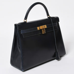 HERMES エルメス ケリー32 外縫い ネイビー ○X刻印 カーフスキン ゴールド金具 ハンドバッグ 2WAY 美品 中古4a008252
