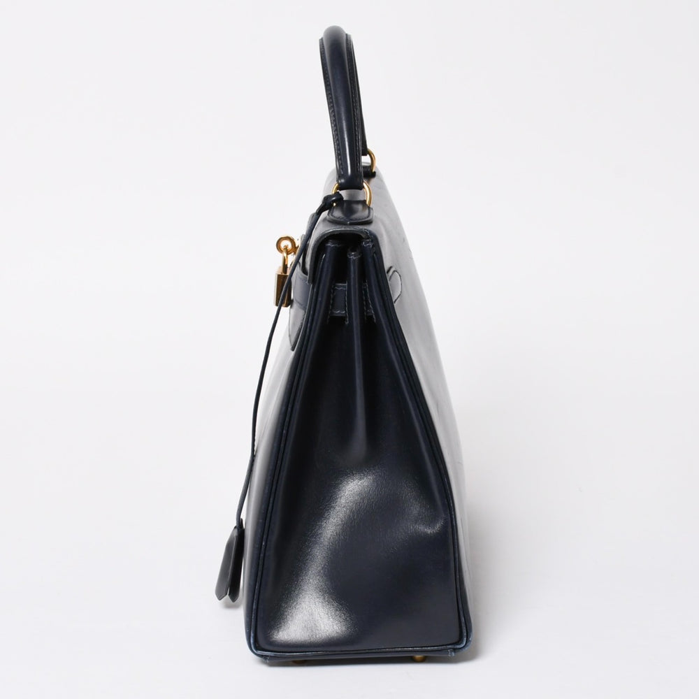 HERMES エルメス ケリー32 外縫い ネイビー ○X刻印 カーフスキン ゴールド金具 ハンドバッグ 2WAY 美品 中古4a008252