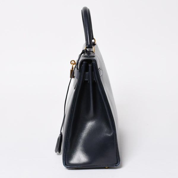 HERMES エルメス ケリー32 外縫い ネイビー ○X刻印 カーフスキン ゴールド金具 ハンドバッグ 2WAY 美品 中古4a008252