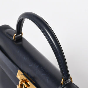 HERMES エルメス ケリー32 外縫い ネイビー ○X刻印 カーフスキン ゴールド金具 ハンドバッグ 2WAY 美品 中古4a008252