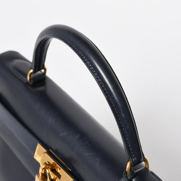 HERMES エルメス ケリー32 外縫い ネイビー ○X刻印 カーフスキン ゴールド金具 ハンドバッグ 2WAY 美品 中古4a008252