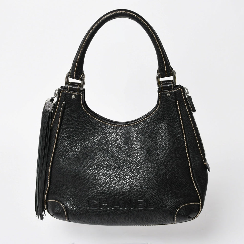 Very Good Condition CHANEL Fringe Tassel Shoulder Bag Tote Bag No. 8 Black Silver Hardware Used 4a008259