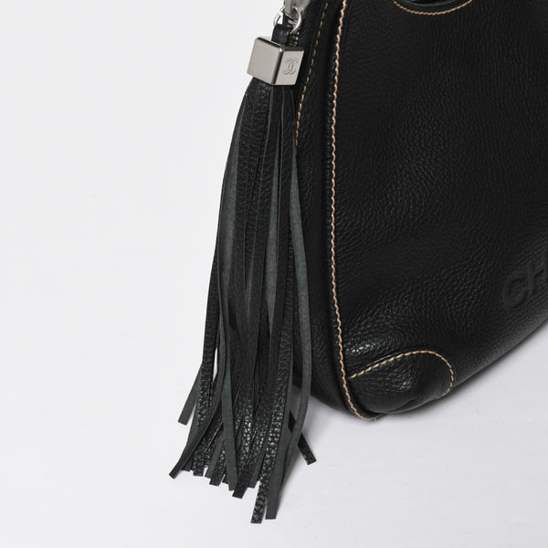 極美品 CHANEL シャネル フリンジ タッセル ショルダーバッグ トートバッグ 8番台 ブラック シルバー金具 中古 4a008259