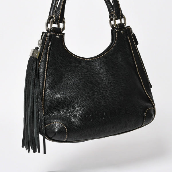 極美品 CHANEL シャネル フリンジ タッセル ショルダーバッグ トートバッグ 8番台 ブラック シルバー金具 中古 4a008259