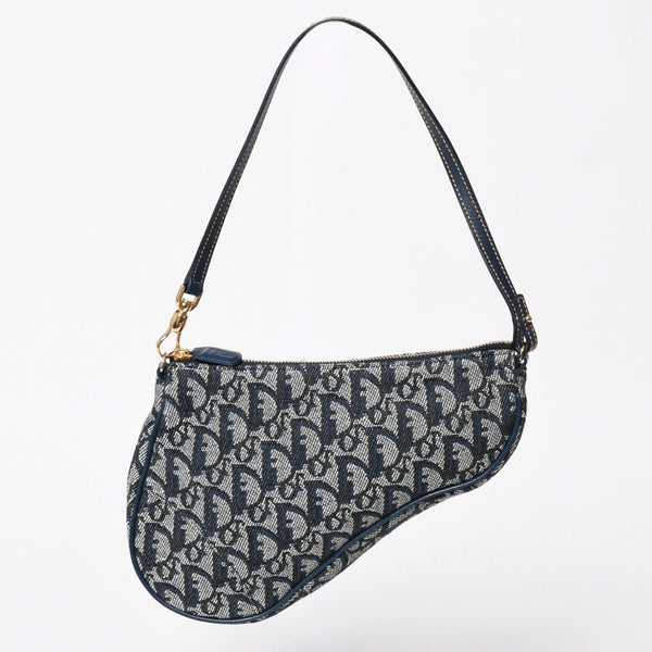 極美品 Christian Dior クリスチャンディオール トロッター サドルバッグ ワンショルダーバッグ サドルポーチ MC0091 ネイビー 中古 4a008273