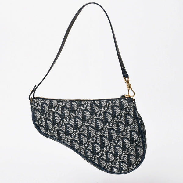 極美品 Christian Dior クリスチャンディオール トロッター サドルバッグ ワンショルダーバッグ サドルポーチ MC0091 ネイビー 中古 4a008273