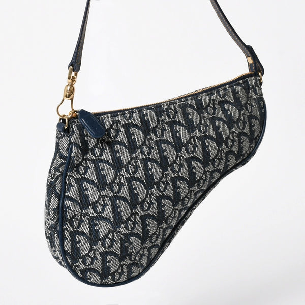 極美品 Christian Dior クリスチャンディオール トロッター サドルバッグ ワンショルダーバッグ サドルポーチ MC0091 ネイビー 中古 4a008273