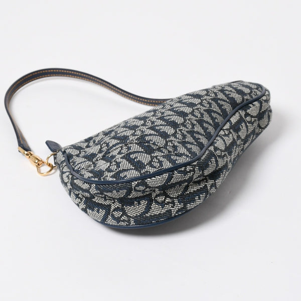 極美品 Christian Dior クリスチャンディオール トロッター サドルバッグ ワンショルダーバッグ サドルポーチ MC0091 ネイビー 中古 4a008273