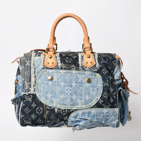極美品 LOUIS VUITTON ルイヴィトン スピーディ30 ハンドバッグ M95380 モノグラムデニム パッチワーク ブルー 中古 4a008241
