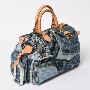 極美品 LOUIS VUITTON ルイヴィトン スピーディ30 ハンドバッグ M95380 モノグラムデニム パッチワーク ブルー 中古 4a008241