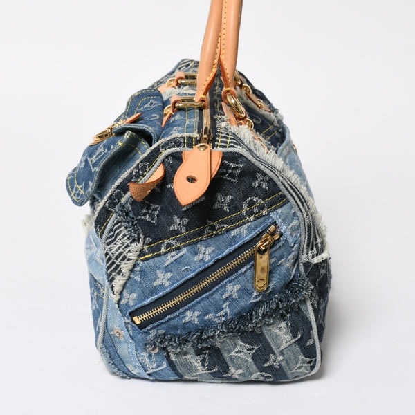 極美品 LOUIS VUITTON ルイヴィトン スピーディ30 ハンドバッグ M95380 モノグラムデニム パッチワーク ブルー 中古 4a008241