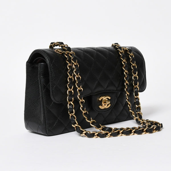 極美品 CHANEL シャネル マトラッセ23 Wフラップ Wチェーンショルダーバッグ ランダム番台 ココマーク キャビアスキン ブラック 中古 4a008244
