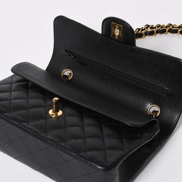 極美品 CHANEL シャネル マトラッセ23 Wフラップ Wチェーンショルダーバッグ ランダム番台 ココマーク キャビアスキン ブラック 中古 4a008244