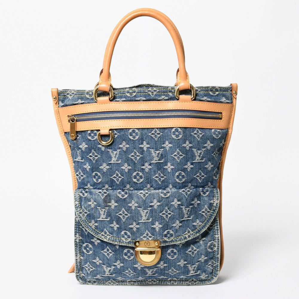 極美品 LOUIS VUITTON ルイヴィトン フラットショッパー ハンドバッグ M95018 モノグラム デニム ブルー ゴールド金具 中古 4a008275