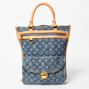 極美品 LOUIS VUITTON ルイヴィトン フラットショッパー ハンドバッグ M95018 モノグラム デニム ブルー ゴールド金具 中古 4a008275