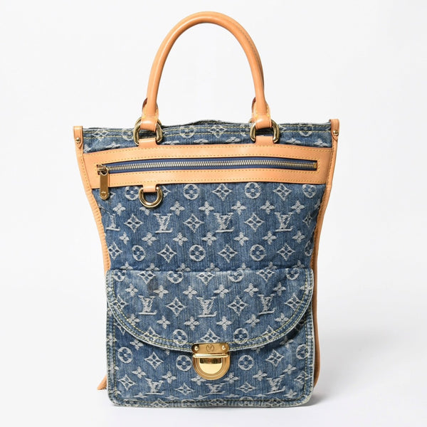 極美品 LOUIS VUITTON ルイヴィトン フラットショッパー ハンドバッグ M95018 モノグラム デニム ブルー ゴールド金具 中古 4a008275