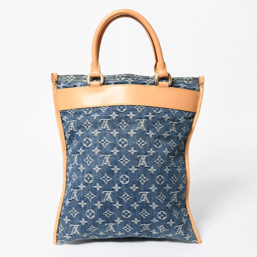 極美品 LOUIS VUITTON ルイヴィトン フラットショッパー ハンドバッグ M95018 モノグラム デニム ブルー ゴールド金具 中古 4a008275