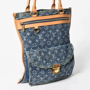 極美品 LOUIS VUITTON ルイヴィトン フラットショッパー ハンドバッグ M95018 モノグラム デニム ブルー ゴールド金具 中古 4a008275