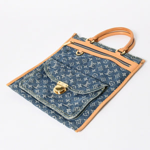 極美品 LOUIS VUITTON ルイヴィトン フラットショッパー ハンドバッグ M95018 モノグラム デニム ブルー ゴールド金具 中古 4a008275