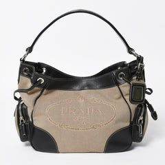 Very good condition PRADA handbag one shoulder bag logo made in Italy jacquard leather black beige silver hardware used 4a008271